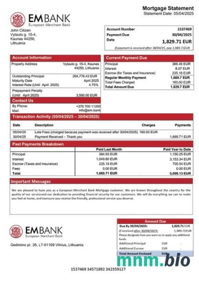 Litwa Europejski Bank Handlowy wyciąg z kredytu hipotecznego szablon Word i PDF